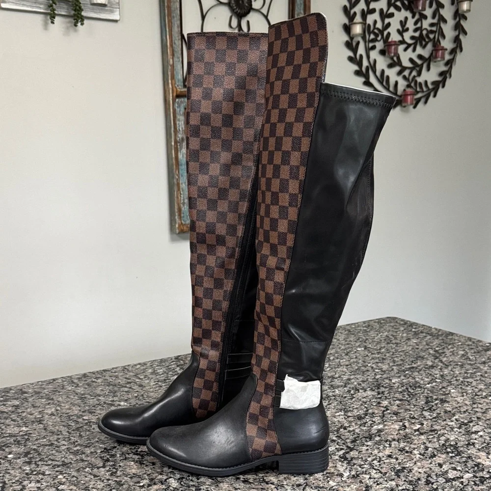 Black and Brown Check Over-the-Knee Boots